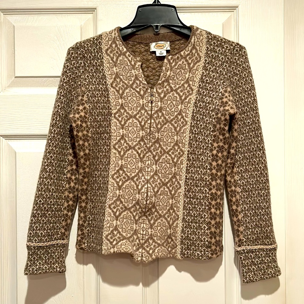 Talbots Tan and Cream 100% Lambs Wool Full-Zip Cardigan Women's Size M
